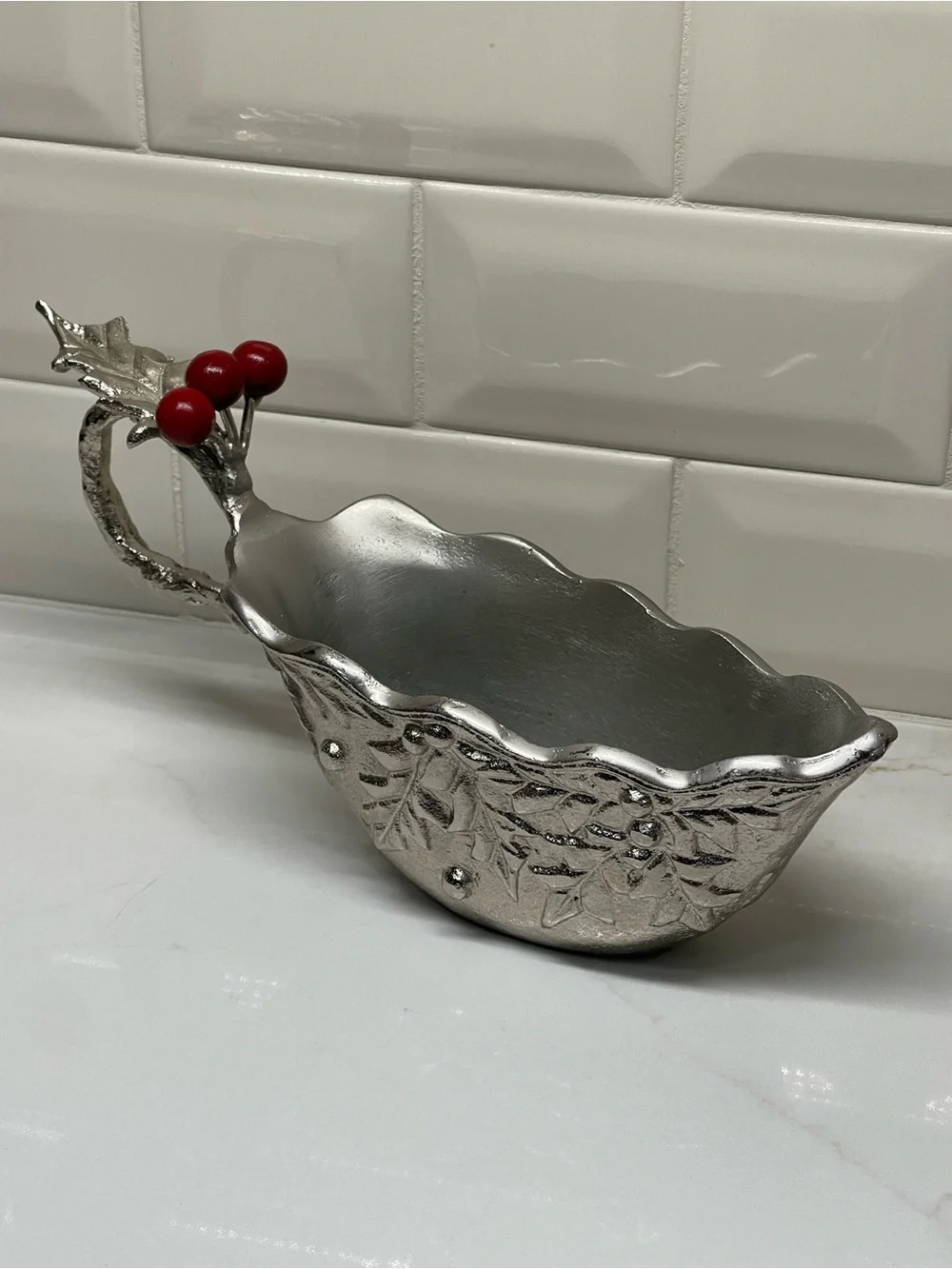 Gravy Boat -VTG- Silver - Metal - Holly Berry Christmas, Textured, 10Heavy Solid